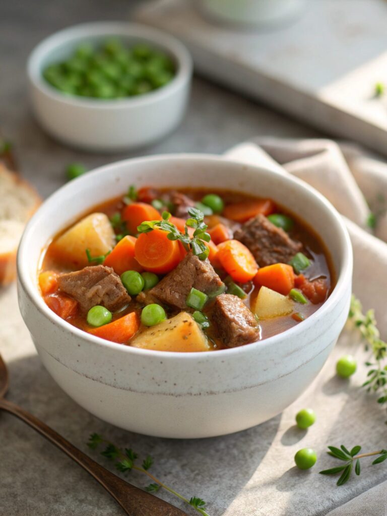 Classic beef stew served in a bowl with fresh herbs.
