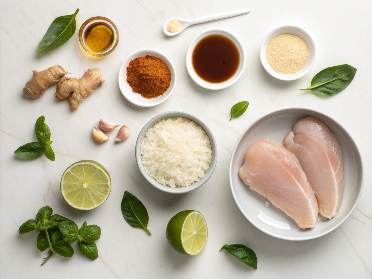 A laid-out display of coconut chicken rice bowl ingredients on a white background