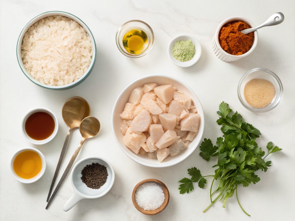 Visual layout of ingredients for Coconut Chicken Rice Bowl