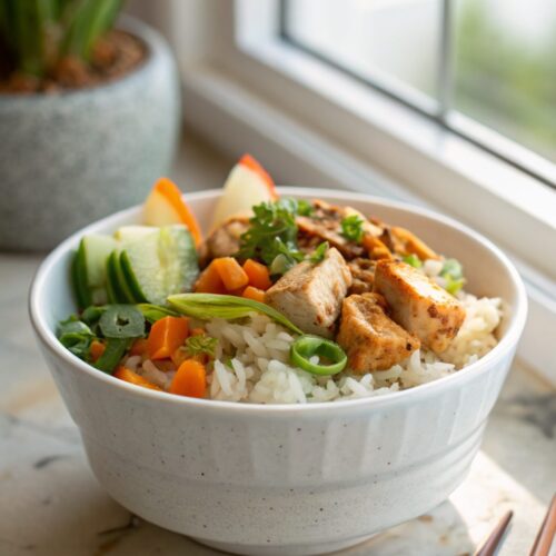 Featured image of Coconut Chicken Rice Bowl with creamy sauce and fragrant herbs