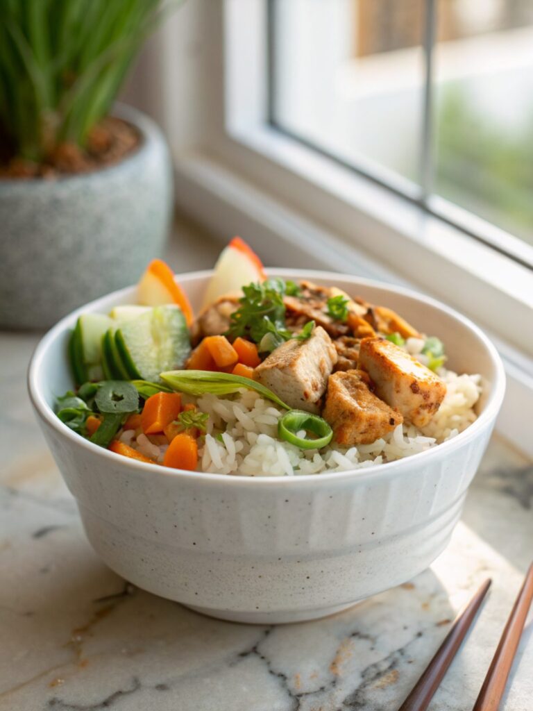 Featured image of Coconut Chicken Rice Bowl with creamy sauce and fragrant herbs