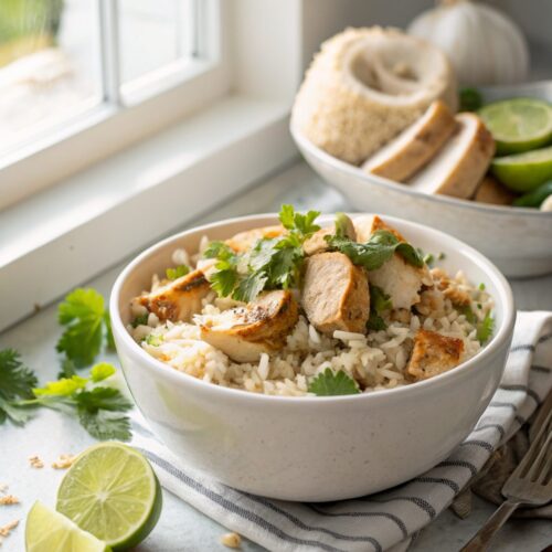 Coconut chicken rice bowl garnished with basil in a white bowl