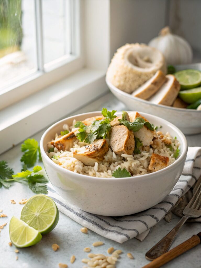 Coconut chicken rice bowl garnished with basil in a white bowl
