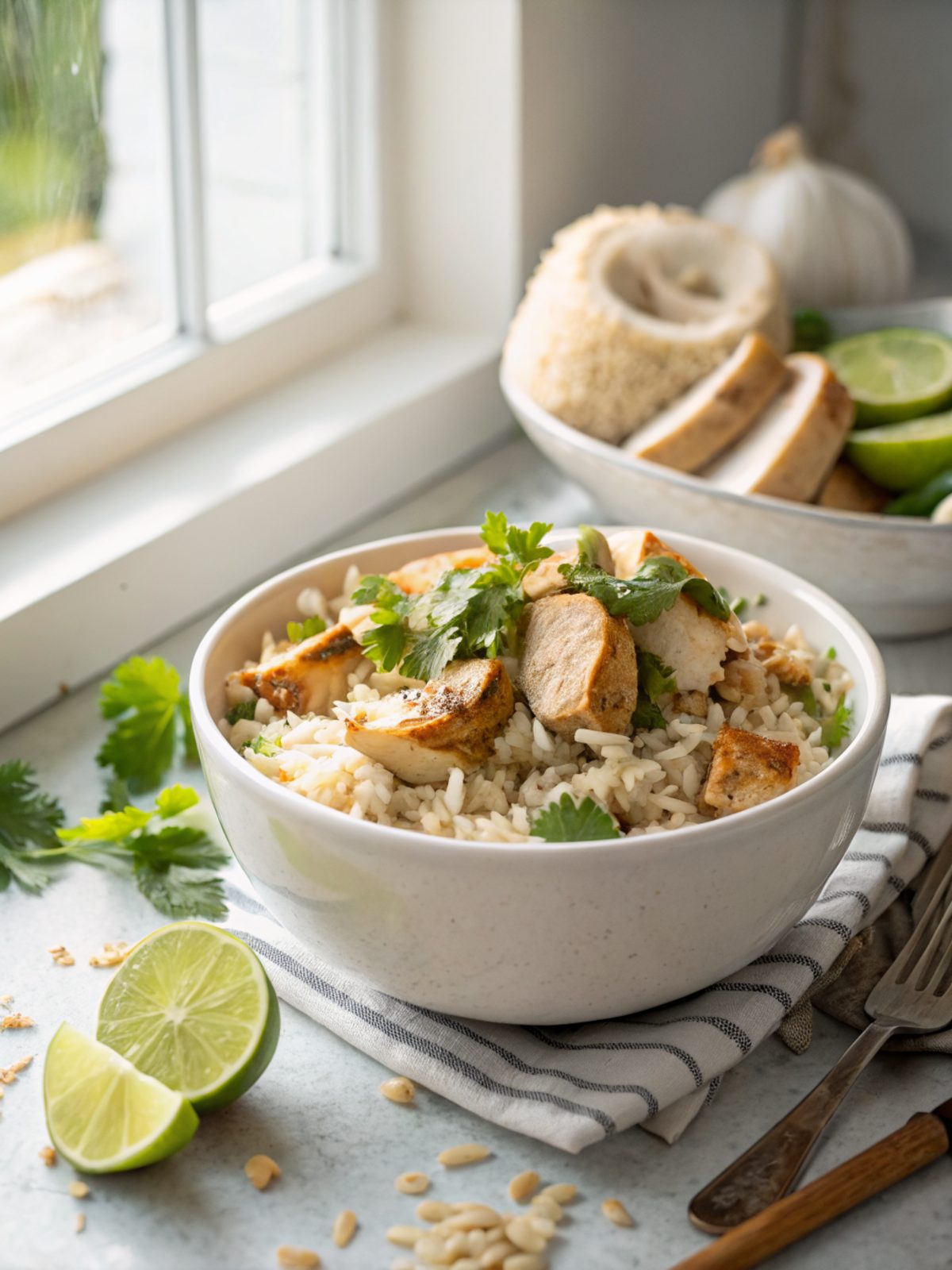 Coconut chicken rice bowl garnished with basil in a white bowl