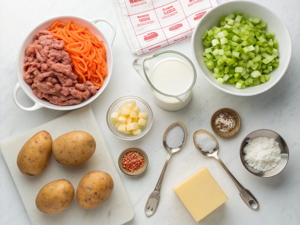 A colorful presentation of Cheeseburger Soup ingredients laid out for cooking preparation.
