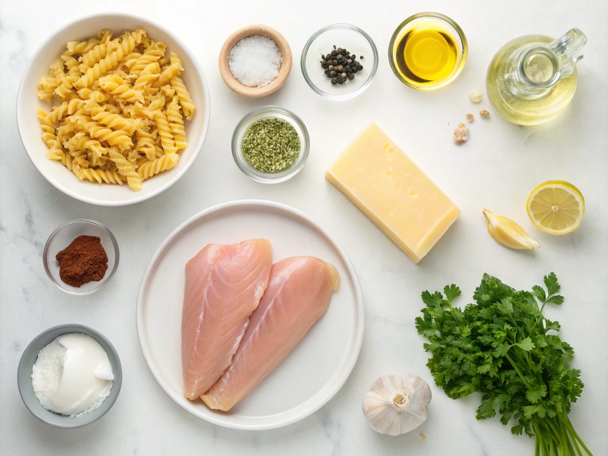 Diverse ingredients for making flavorful Cowboy Butter Chicken Pasta