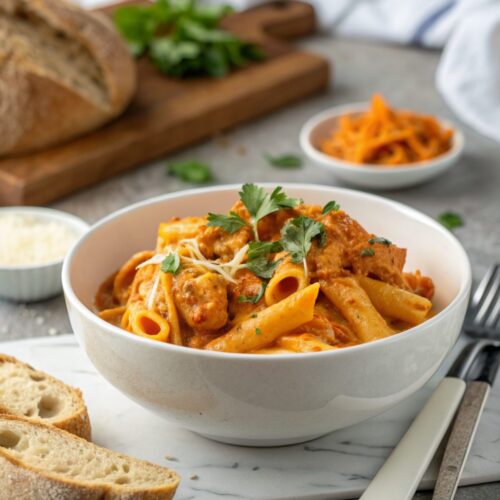 A bowl of Cowboy Butter Chicken Pasta, garnished with parsley.