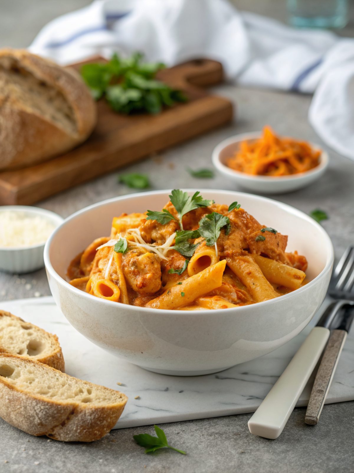 A bowl of Cowboy Butter Chicken Pasta, garnished with parsley.