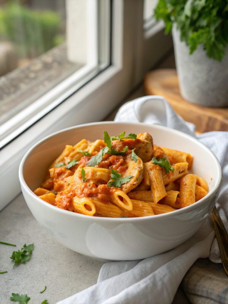 Flavorful and creamy Cowboy Butter Chicken Pasta served on a plate
