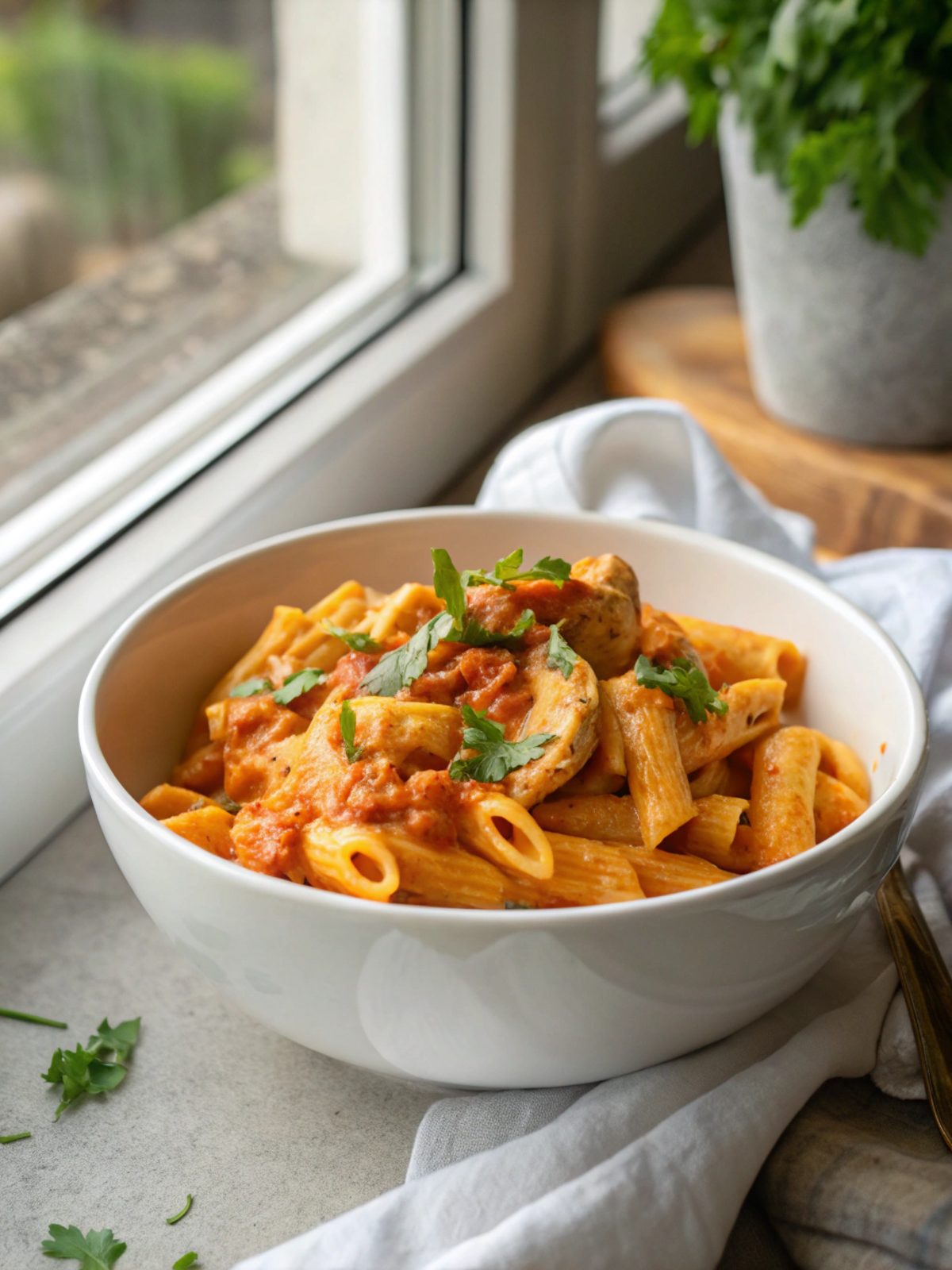 Flavorful and creamy Cowboy Butter Chicken Pasta served on a plate