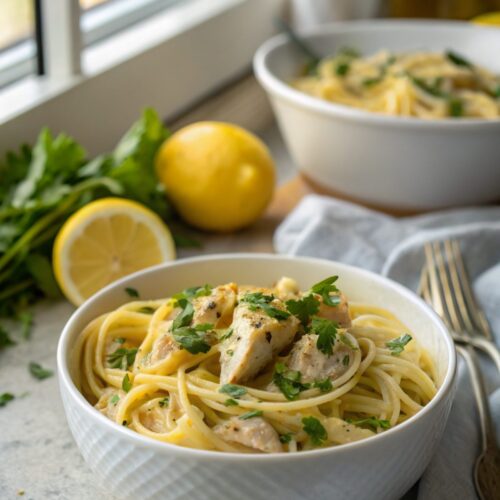 Hero shot of cowboy butter lemon chicken pasta beautifully plated.