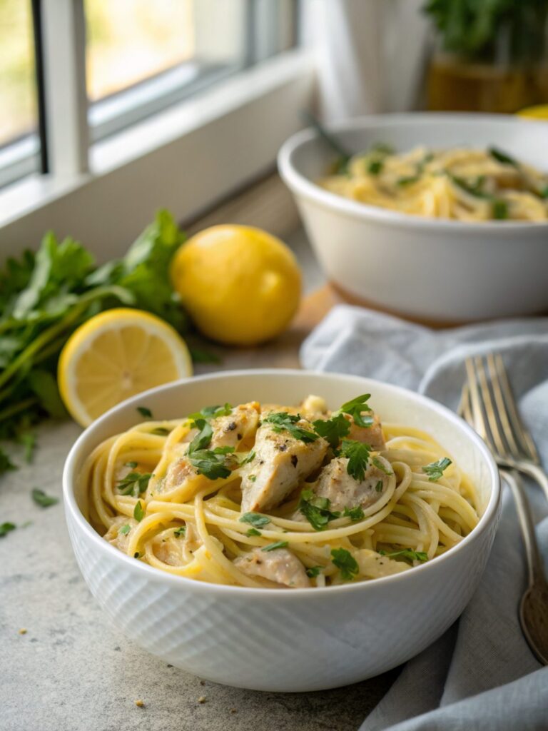 Hero shot of cowboy butter lemon chicken pasta beautifully plated.