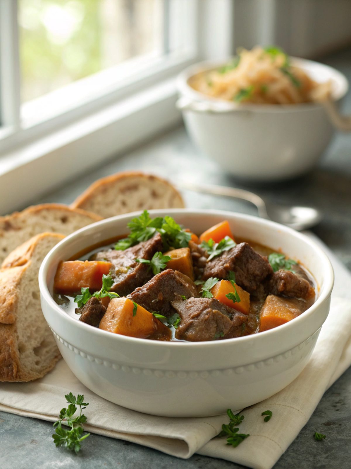 A bowl of Hearty Irish Beef Stew, showcasing wholesome meat and vegetables.