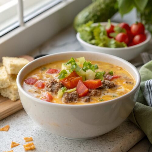 A scrumptious bowl of Cheeseburger Soup, showcasing a hearty blend of meat and cheese.