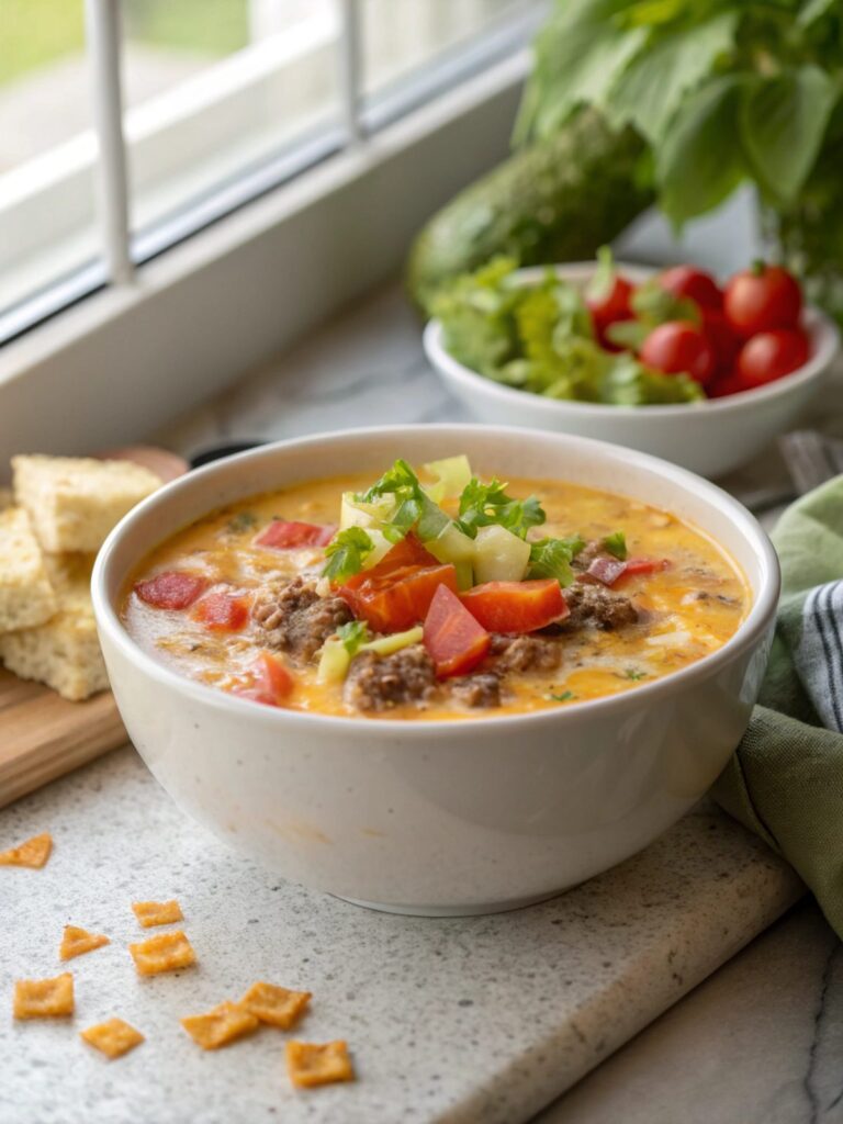 A scrumptious bowl of Cheeseburger Soup, showcasing a hearty blend of meat and cheese.