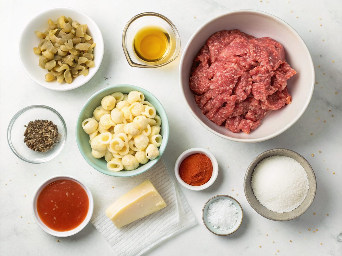 An SEO-friendly image description with the creamy beef and shells ingredients laid out