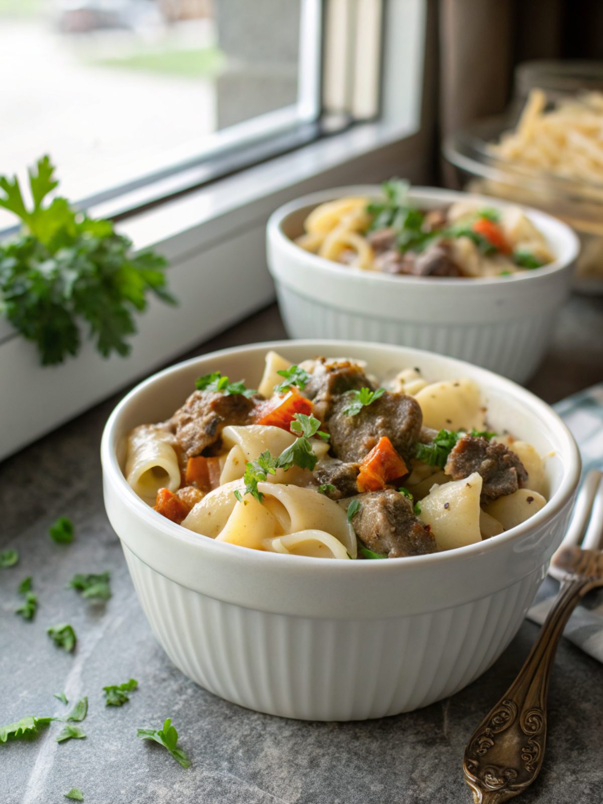 SEO-friendly alt text describing the featured image of the creamy beef and shells recipe