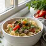 Delicious Creamy Beef Pasta served in a bowl