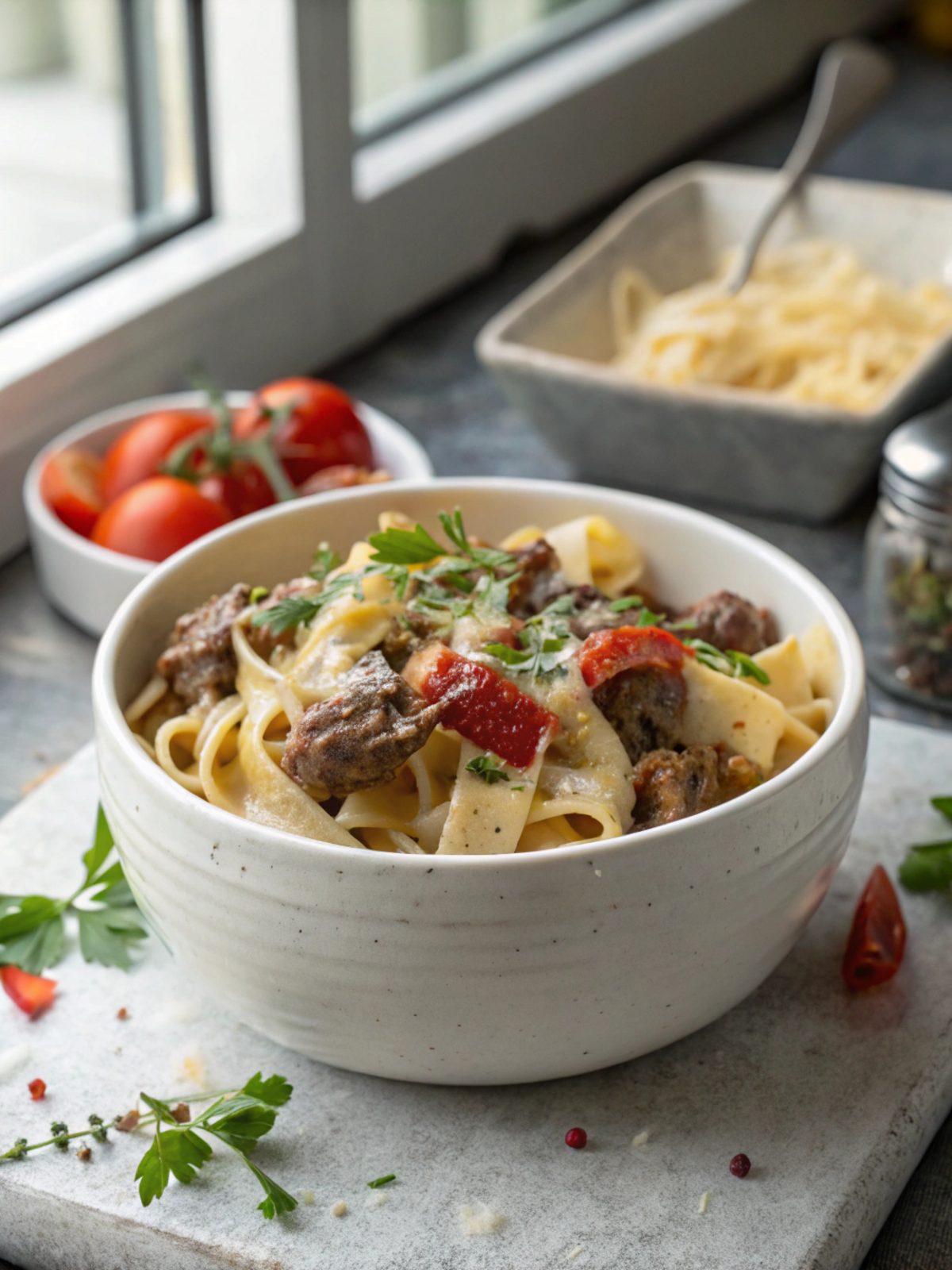 SEO-friendly alt text describing the featured image, showing a serving of creamy beef pasta