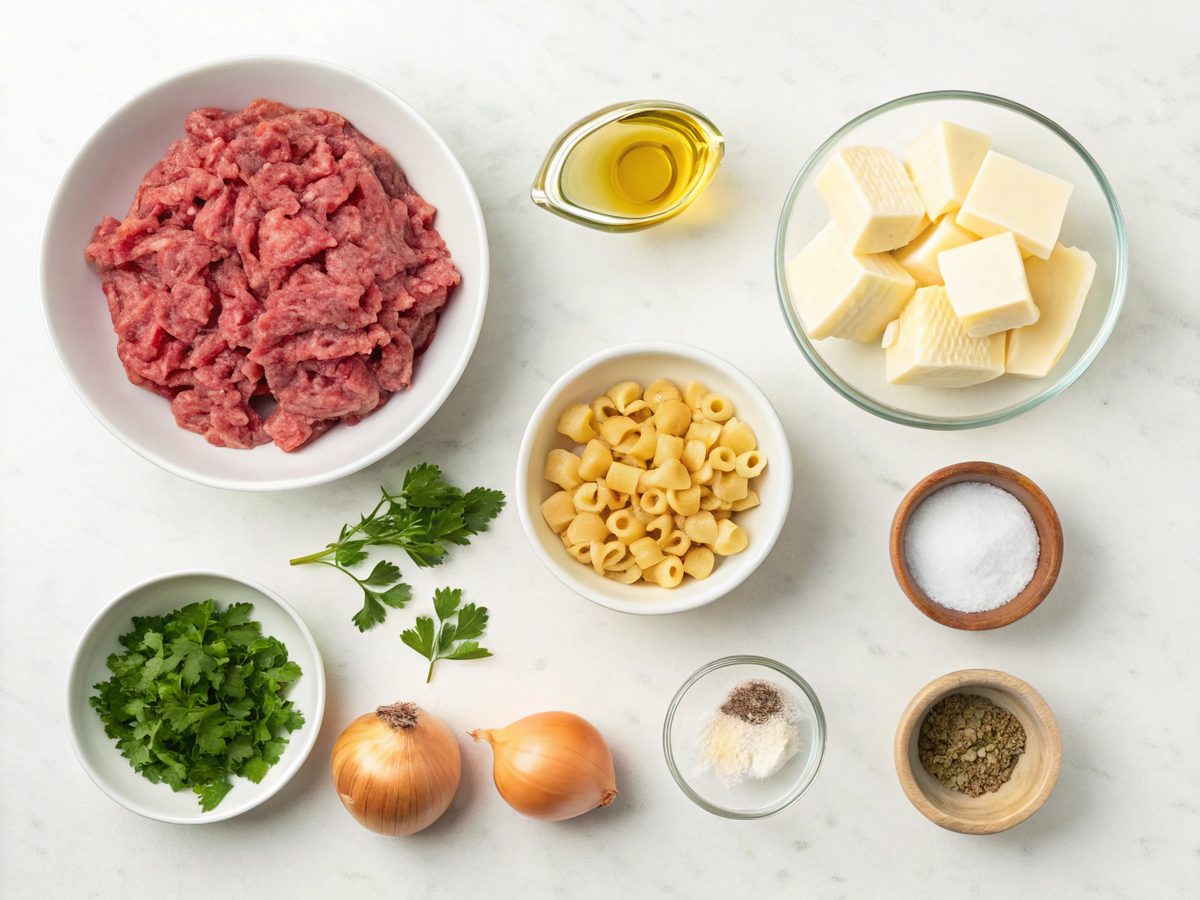 Ingredients for making creamy beef shell pasta laid out on a kitchen counter