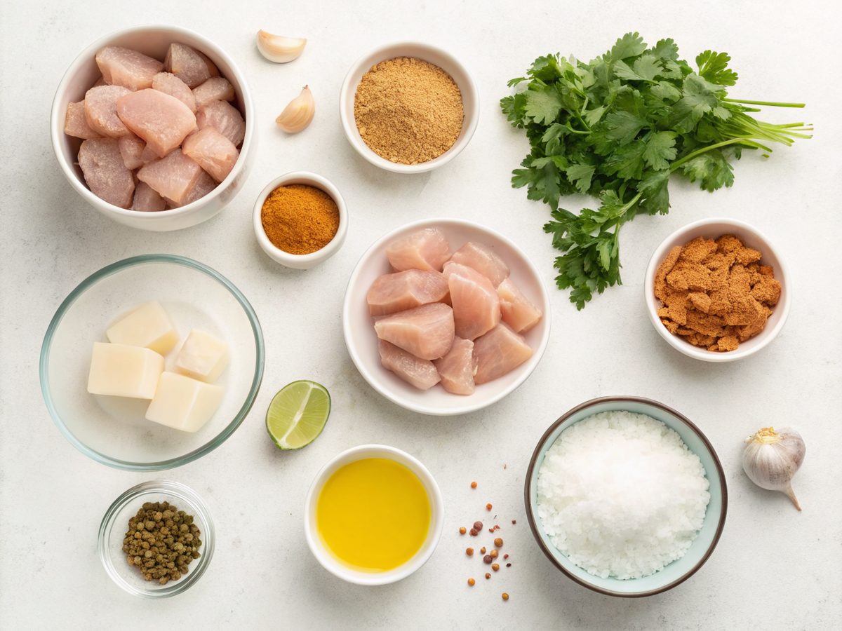 Ingredients for Creamy Coconut Chicken Curry laid out on a kitchen counter