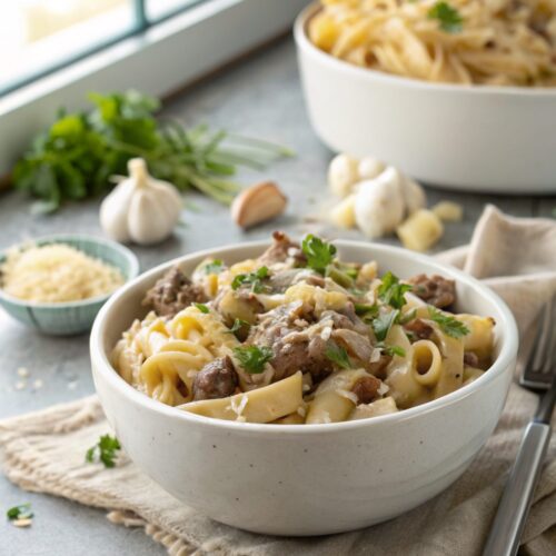 A bowl of delicious Creamy Garlic Beef Pasta, garnished perfectly