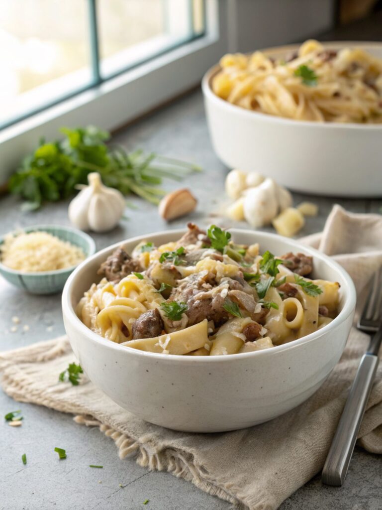 A bowl of delicious Creamy Garlic Beef Pasta, garnished perfectly