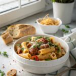 Creamy Italian Sausage Rigatoni with luscious sauce and fresh basil garnish