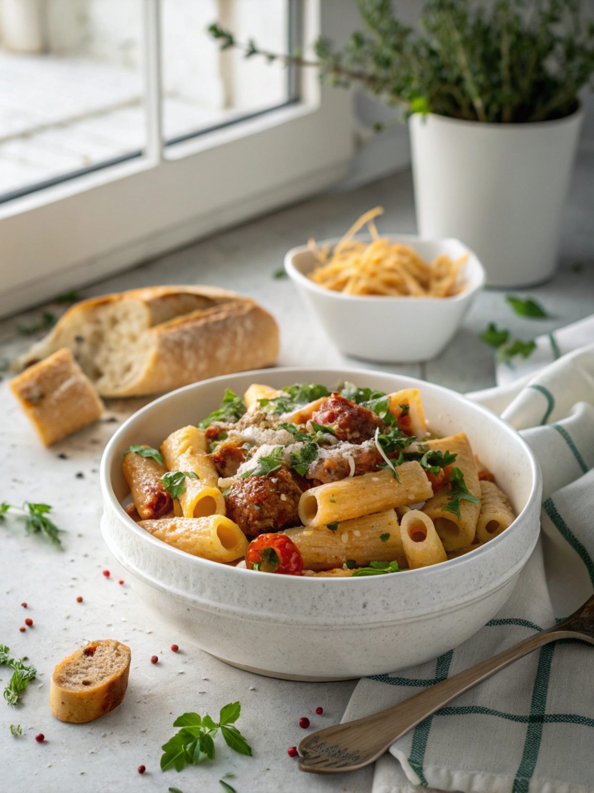 Creamy Italian Sausage Rigatoni with luscious sauce and fresh basil garnish