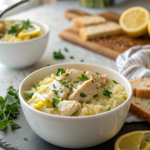 Feast your eyes on creamy lemon chicken rice with tender chicken and zesty lemon.