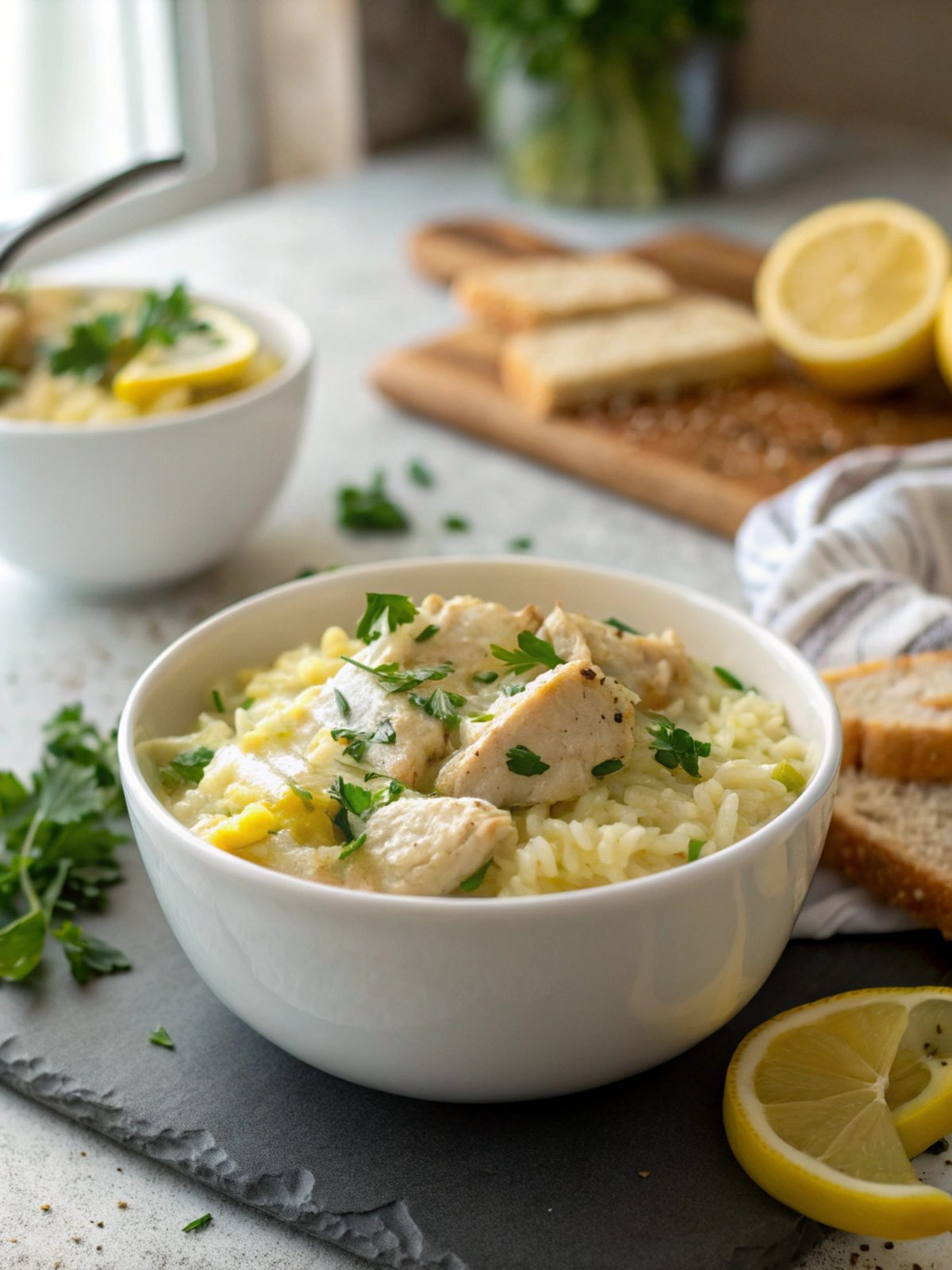 Feast your eyes on creamy lemon chicken rice with tender chicken and zesty lemon.