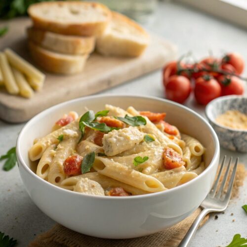 Close-up of creamy marry me chicken pasta served in a white bowl.
