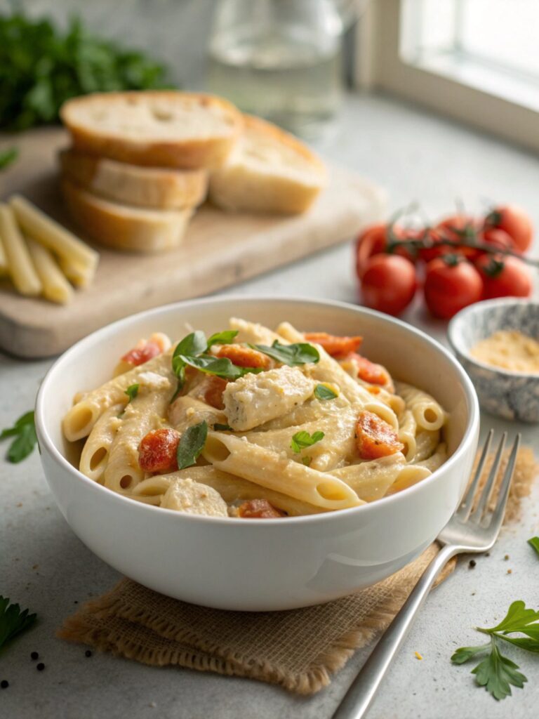 Close-up of creamy marry me chicken pasta served in a white bowl.