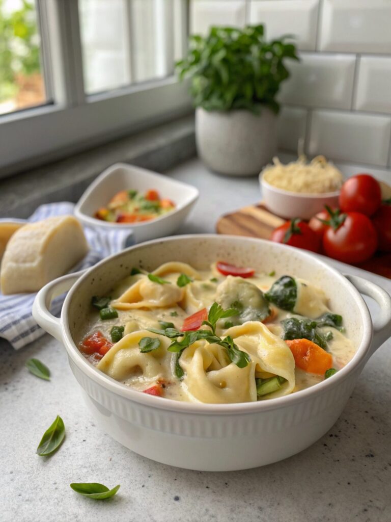 Featured image showing the vibrant creamy one-skillet tortellini