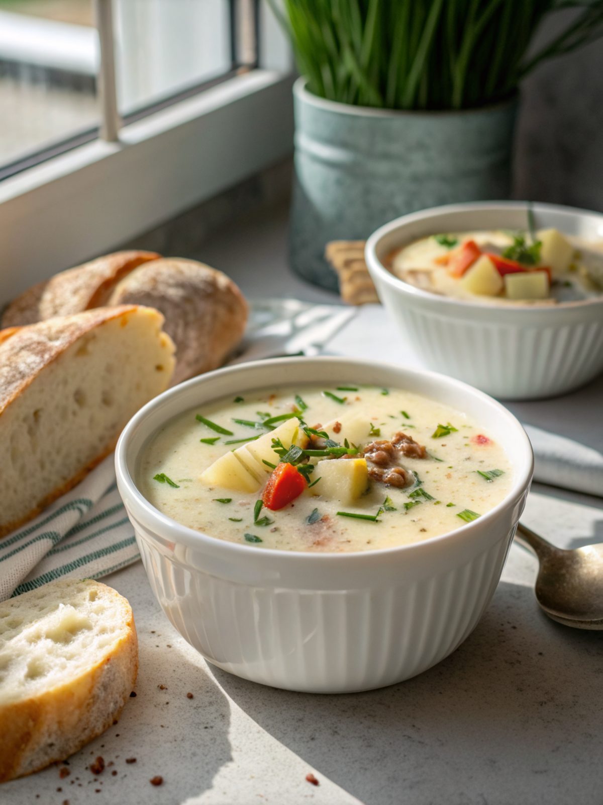 Creamy potato hamburger soup served in a modern white bowl.