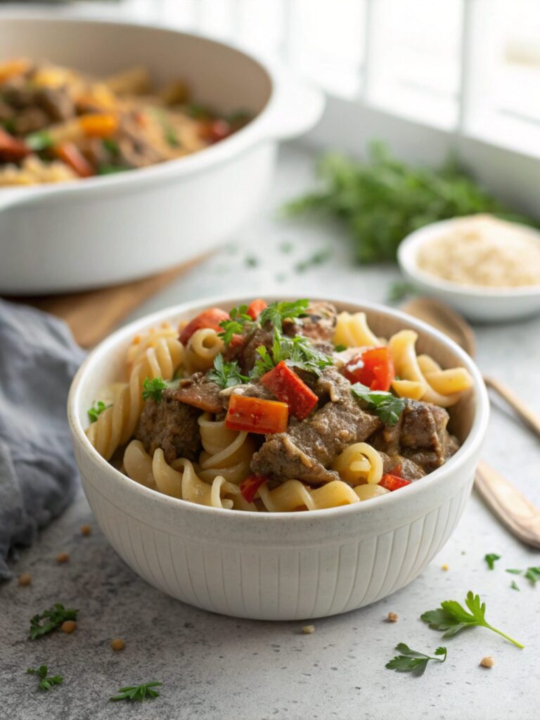 Close-up of creamy slow cooker beef pasta served elegantly
