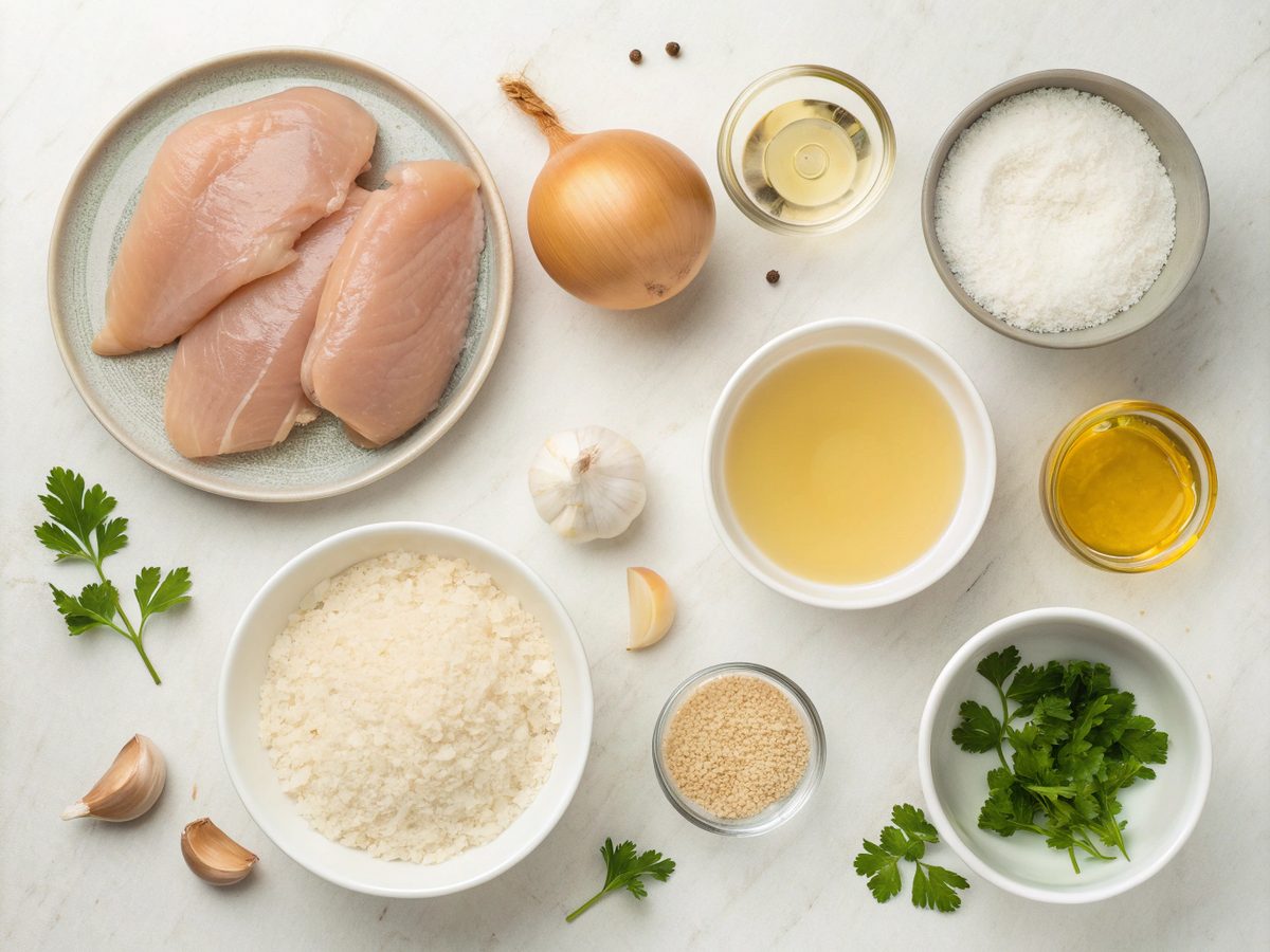 Image of ingredients for creamy smothered chicken and rice, including chicken, rice, and cream.