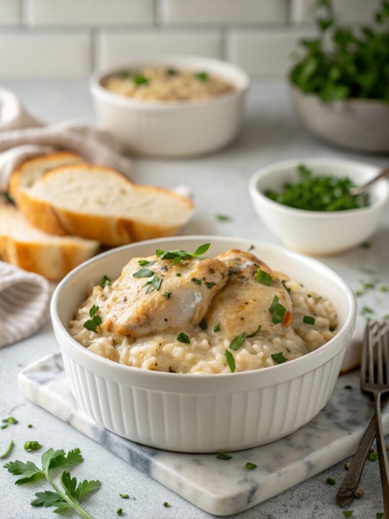 Savor the Creamy Smothered Chicken and Rice dish, perfectly plated with rich sauce and fresh garnish.