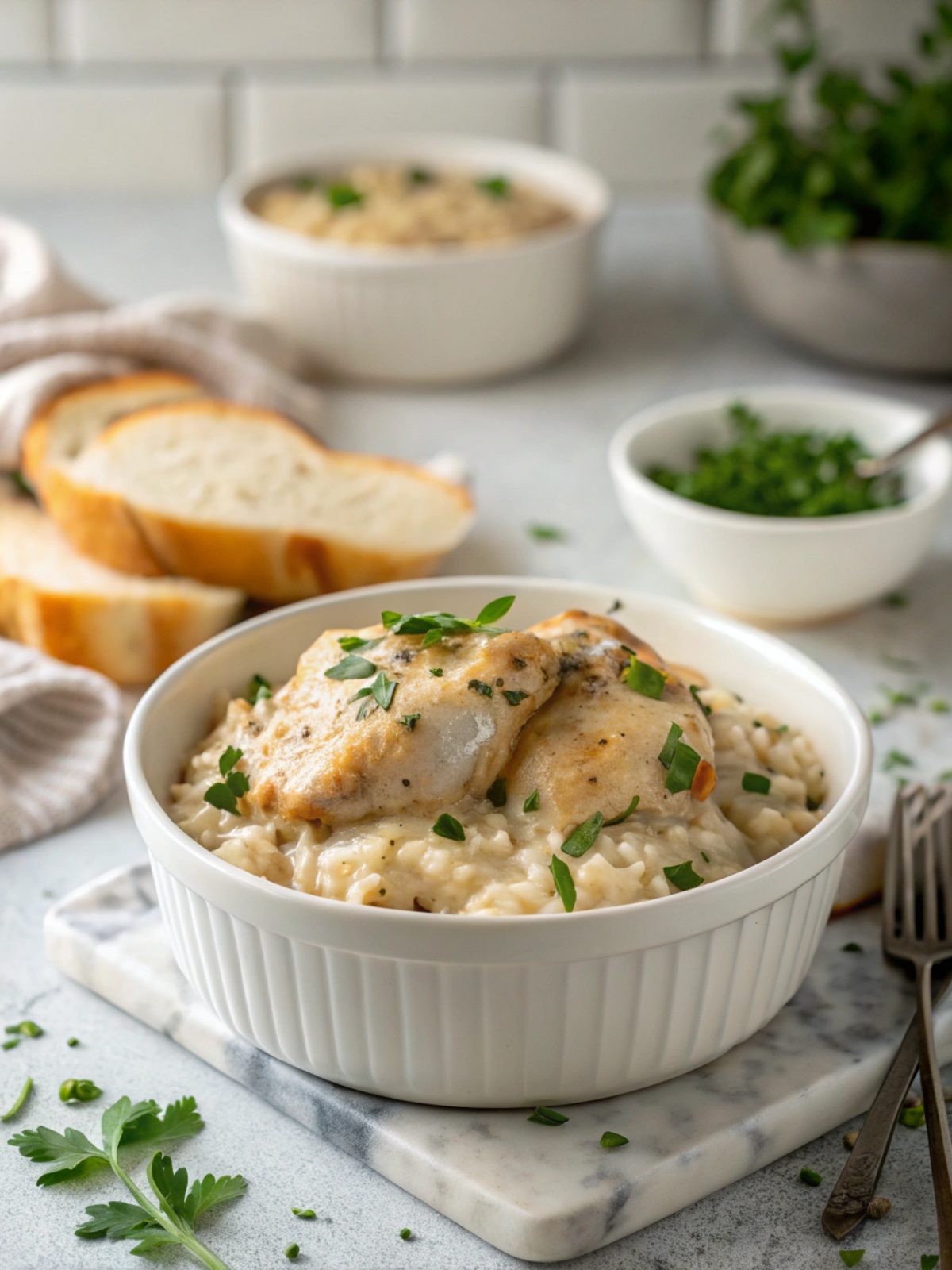 Savor the Creamy Smothered Chicken and Rice dish, perfectly plated with rich sauce and fresh garnish.