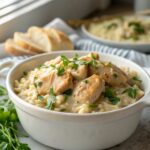 SEO-friendly alt text describing the featured image of creamy smothered chicken and rice