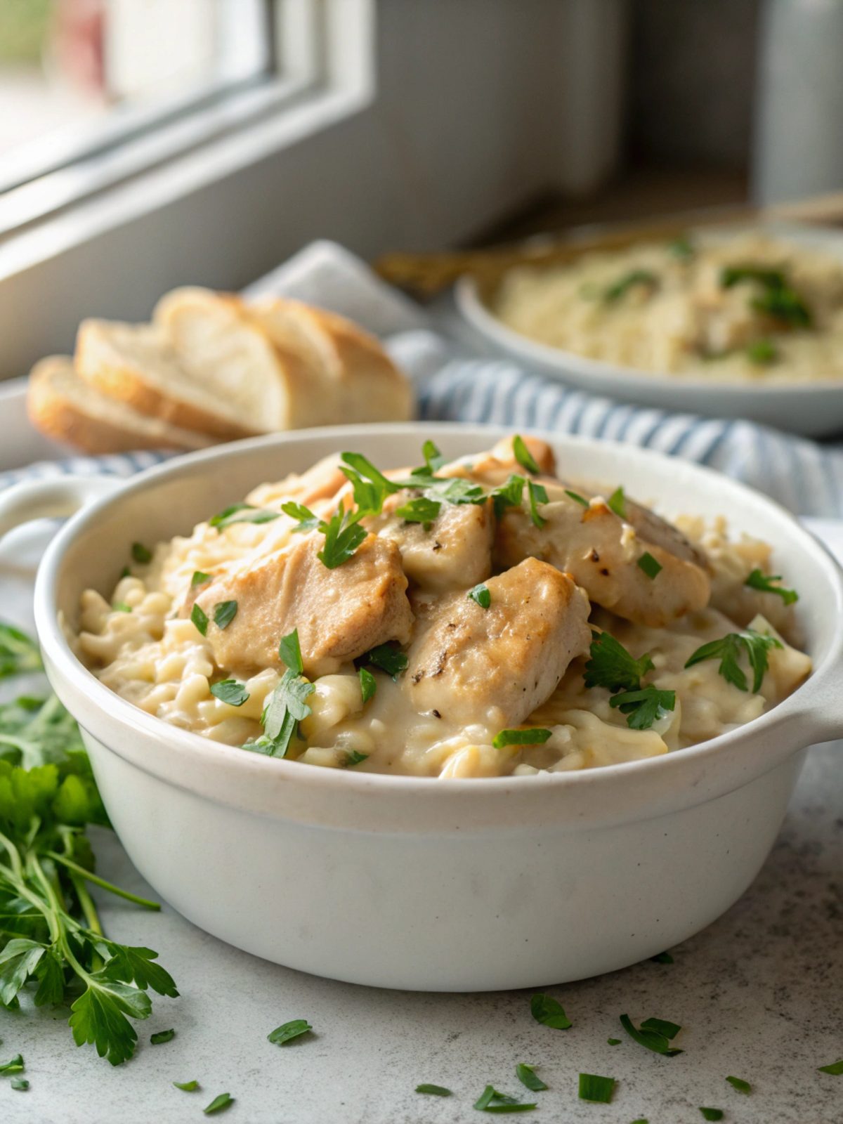 SEO-friendly alt text describing the featured image of creamy smothered chicken and rice