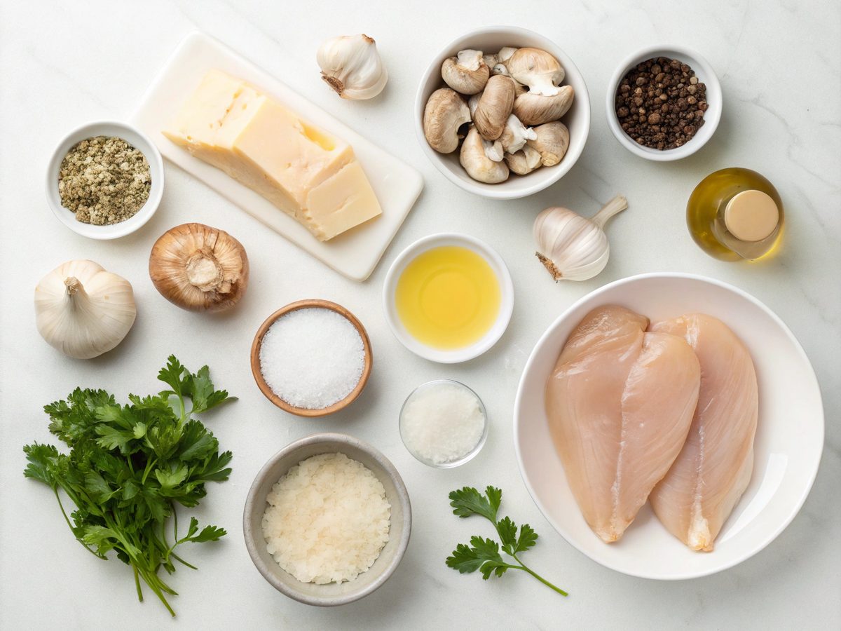 An SEO-friendly alt tag describing the image of ingredients for Creamy Smothered Chicken Breast.