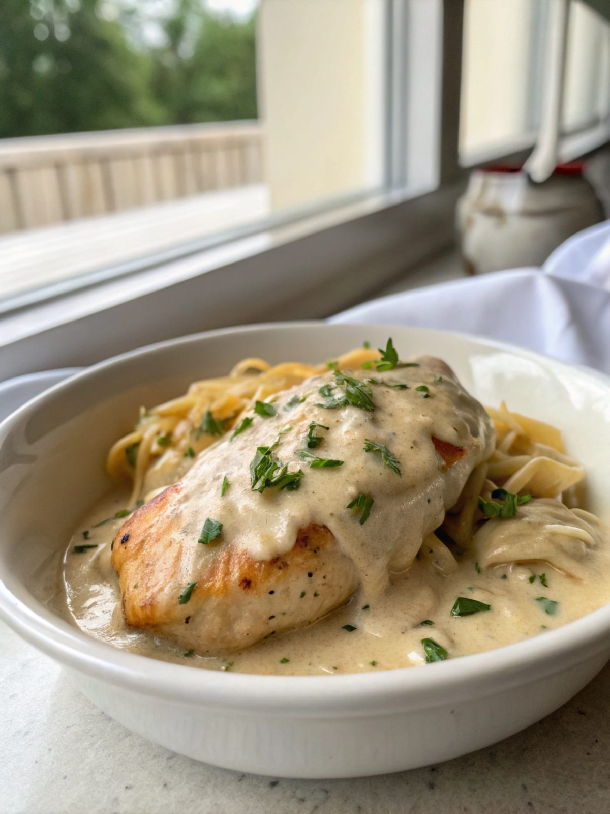 Featured image of creamy smothered chicken breast, showcasing its rich, creamy sauce and tender chicken.