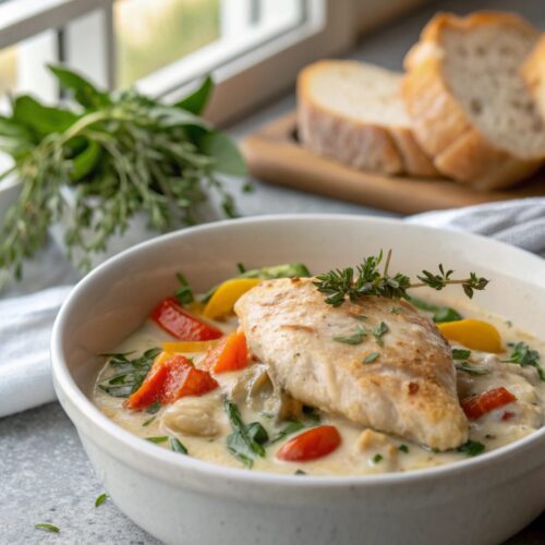 Close-up of a creamy smothered chicken breast garnished with parsley.