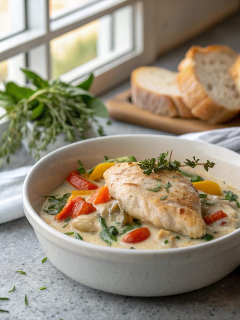 Close-up of a creamy smothered chicken breast garnished with parsley.