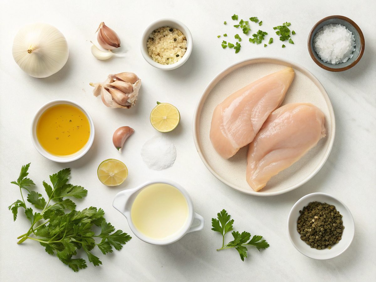 An overhead view of ingredients for creamy smothered chicken laid out on a kitchen counter.