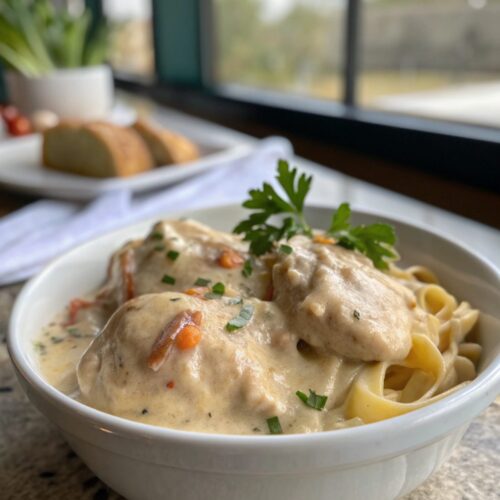 A delicious plate of creamy smothered chicken with garnish.