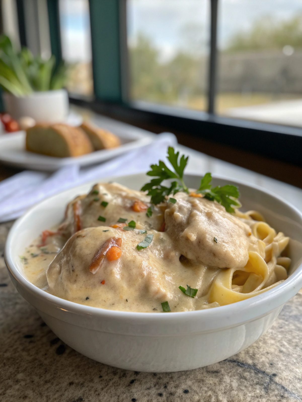 A delicious plate of creamy smothered chicken with garnish.
