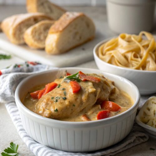 SEO-friendly alt text describing the featured image of creamy smothered chicken