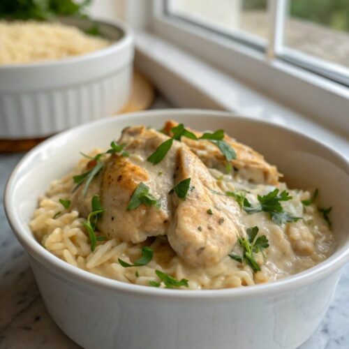 Delightful presentation of creamy smothered chicken and rice
